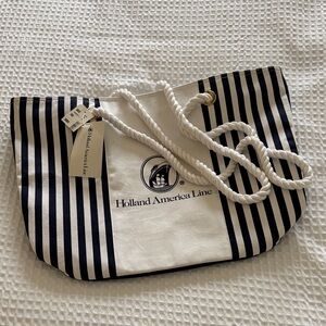 Holland American Line Nautical Beach Canvas Tote Bag Rope White Blue Striped Zip